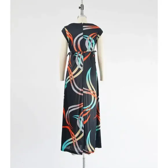 Vintage Black Maxi Dress with Red and Blue Accents - Picture 6 of 9